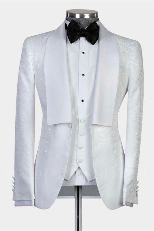 Xenia Special Design White Shawl Lapel Jacquard Three Pieces Men's Wedding Suits