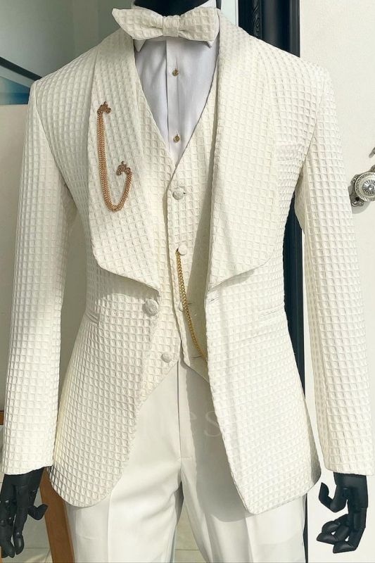 Happ Simple White Plaid Shawl Lapel Three Pieces One Button Wedding Suits