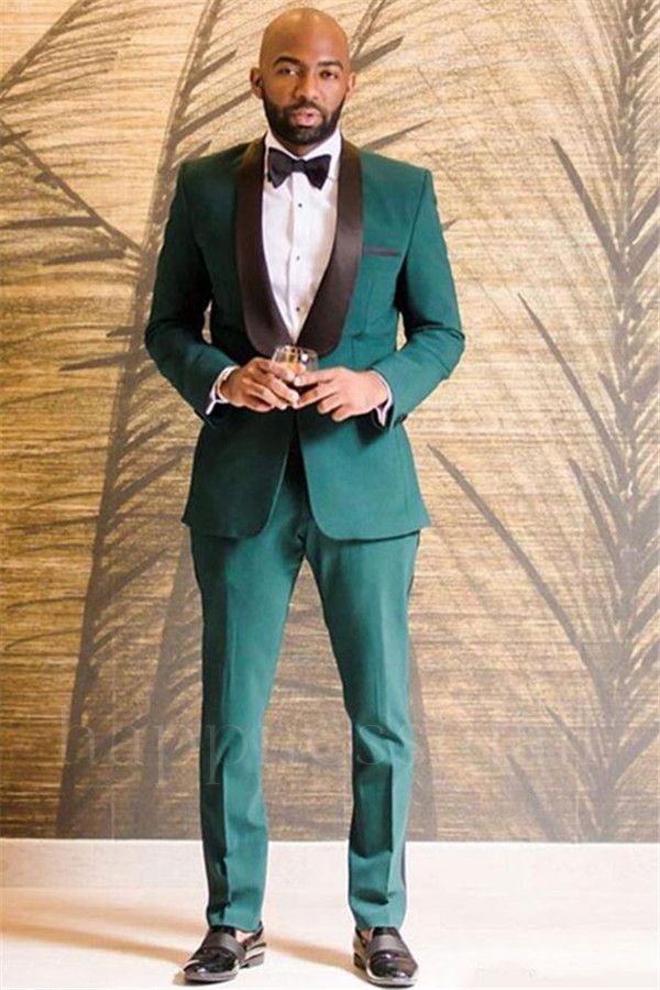 Dark green single button black silk shawl collar groom set | Men's wedding suit