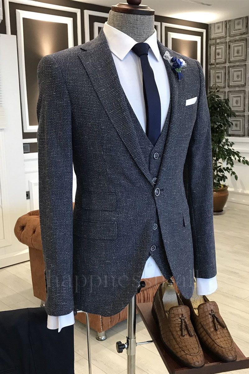 Patricia New Arrival Navy Blue Small Plaid Notch Lapel Slim Fit Men'S Business Suit