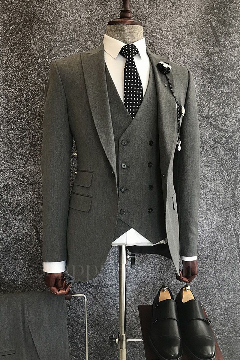 Asher High-Quality Dark Gray 3-Pieces Peaked Lapel Suits For Business Men