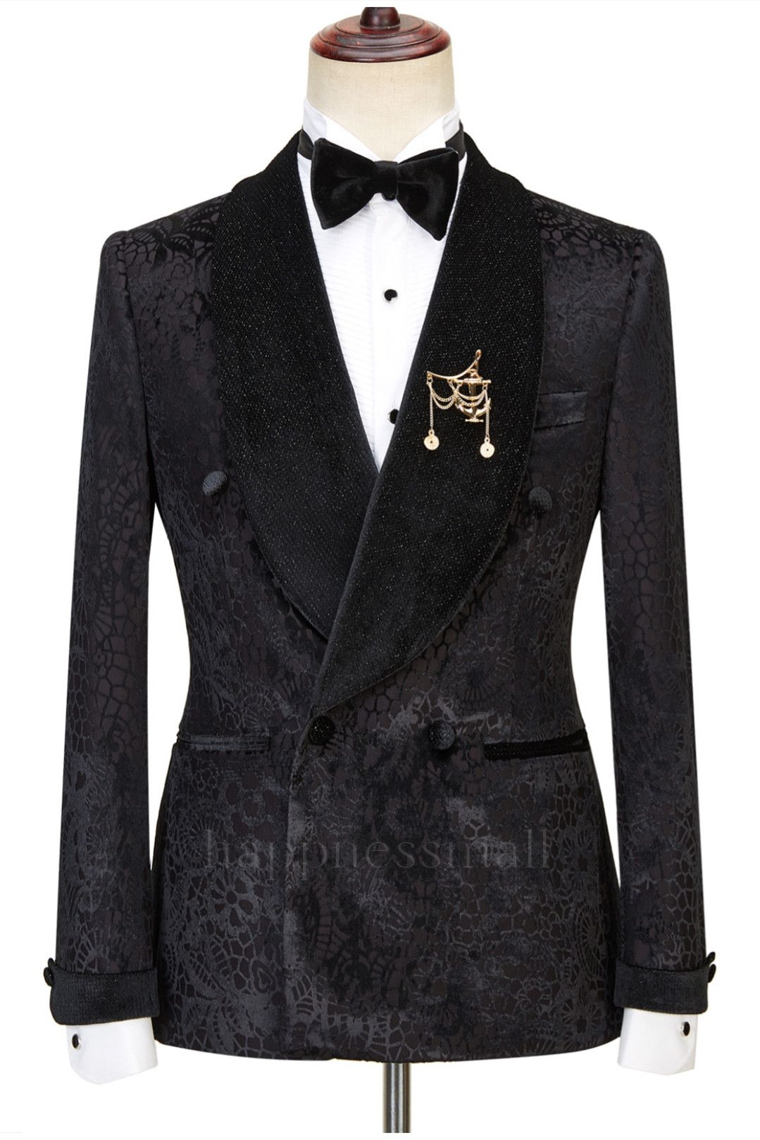 Popular Black Shawl Lapel Double Breasted printed  Men'S Wedding Suit | Happnessmall