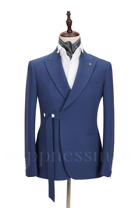 Gentle Dark Blue Peaked Lapel Slim Fit Men Suits for Business