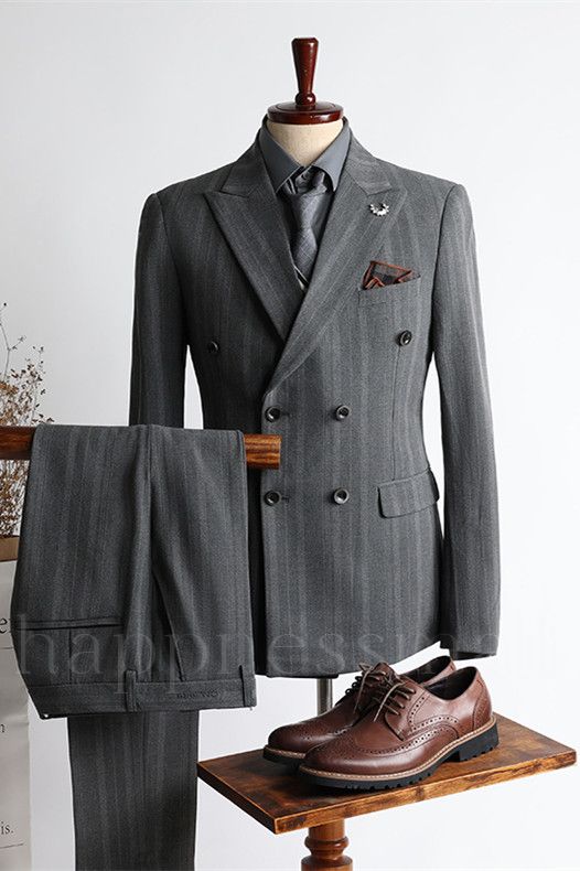 Unique Gray Stripe Peaked Lapel Double Breasted Business Men Suits | happnessmall