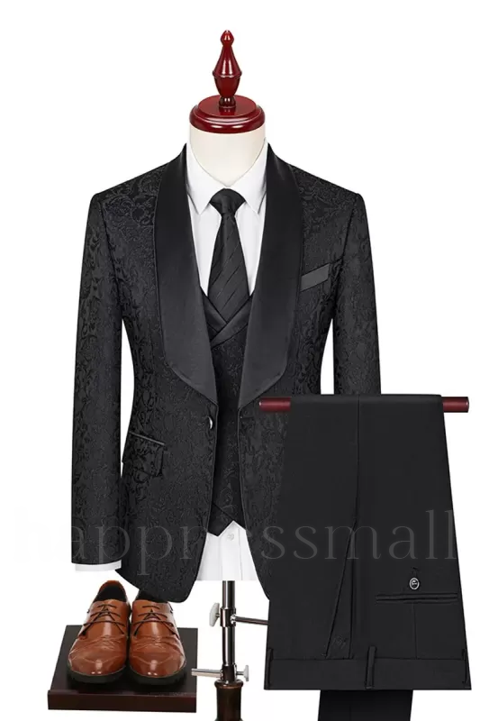 Newest Black Jacquard Shawl Lapel Three Pieces Prom Suits | Happnessmall