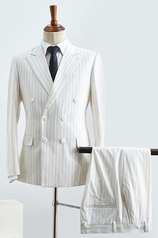 Atlas Modern White Striped Double Breasted Slim Fit Custom Suit For Business
