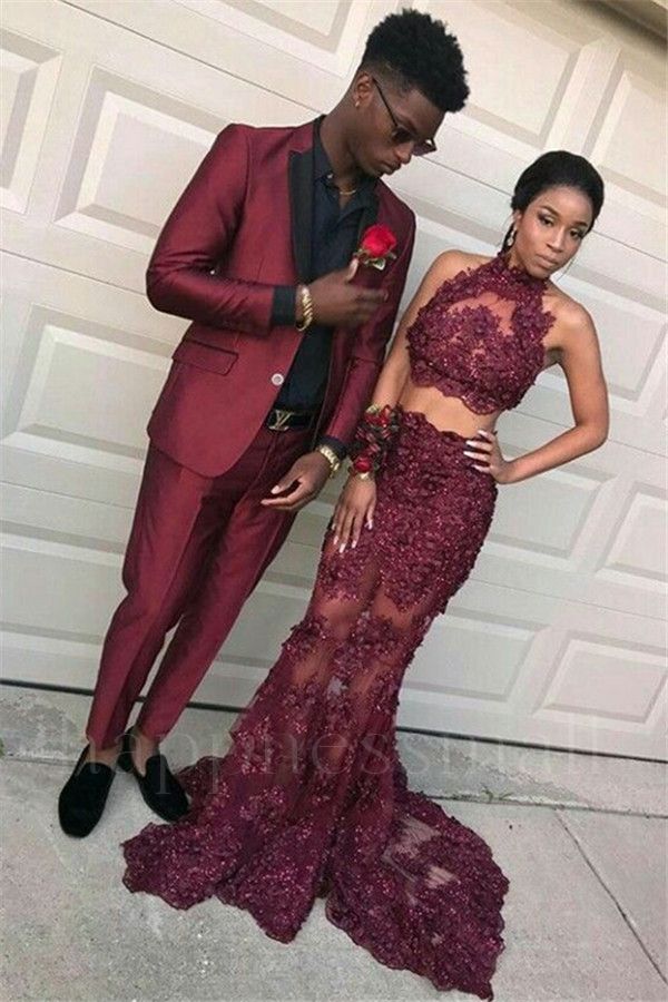 Hugo Stylish Skinny Burgundy Slim Fit Prom Party Suits for Men