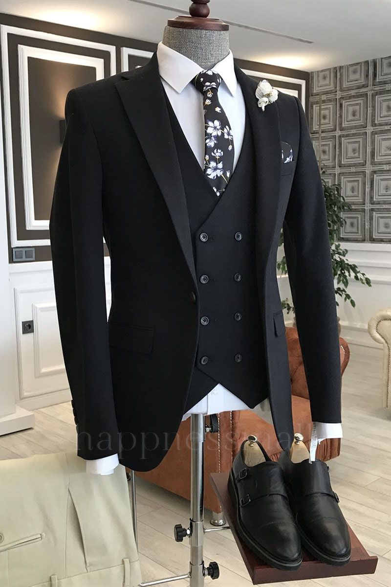 Classical Black 3-Pieces Notched Lapel One Button 3 Flaps Formal Suits For Men