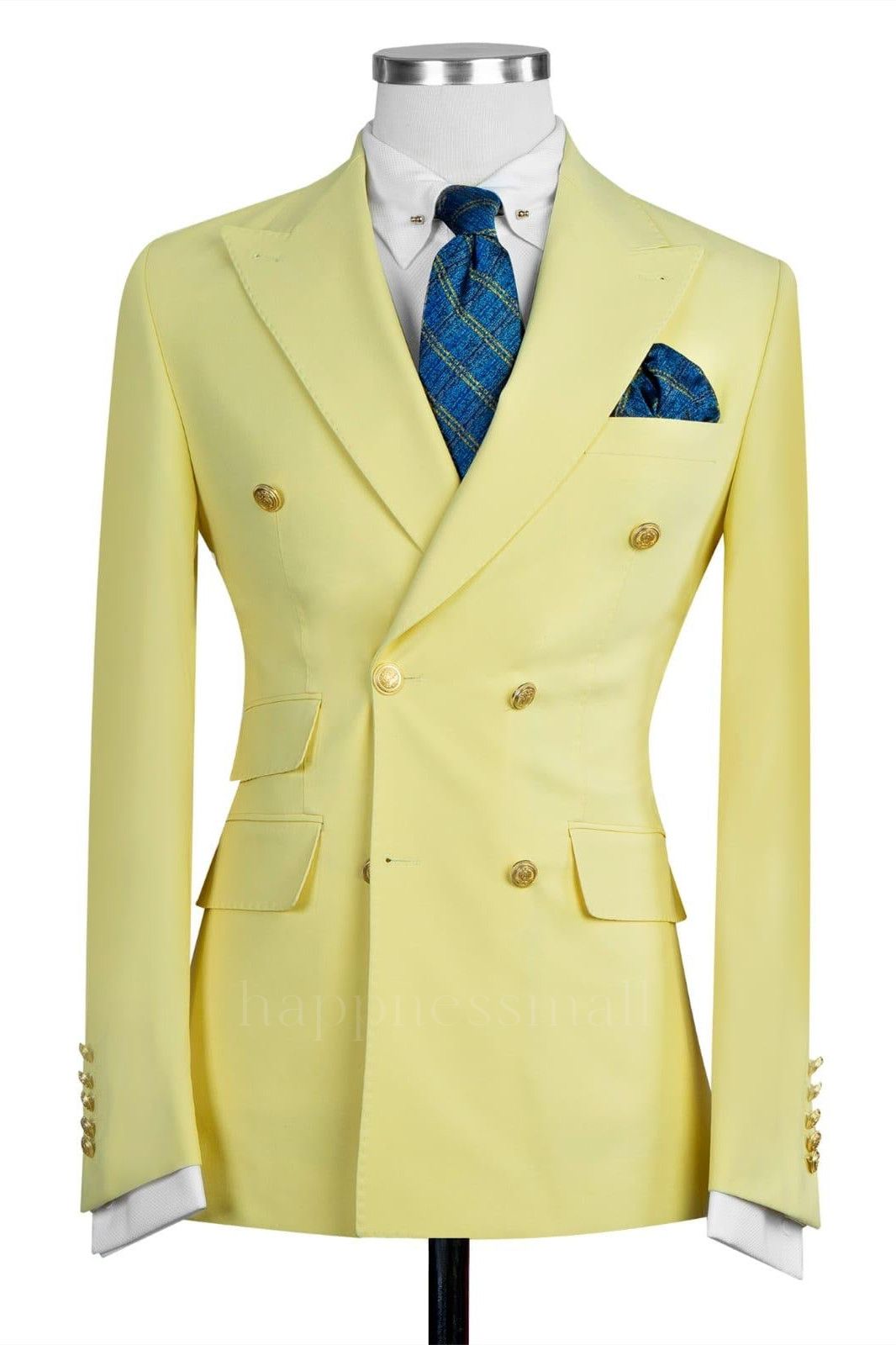 Chic Yellow Double Breasted Peaked Lapel Slim Fit Men Suits