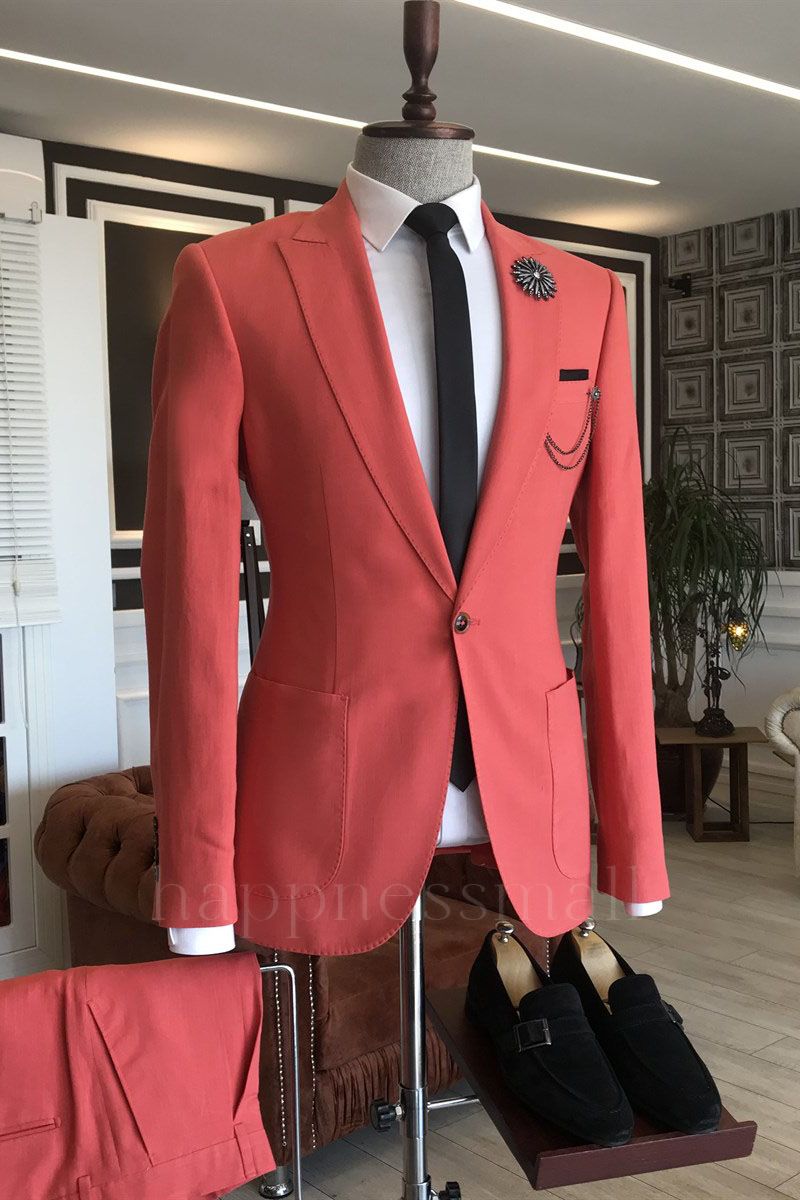 Hendrix Popular Red Peaked Lapel Slim Fit 2 Flaps Prom men suits