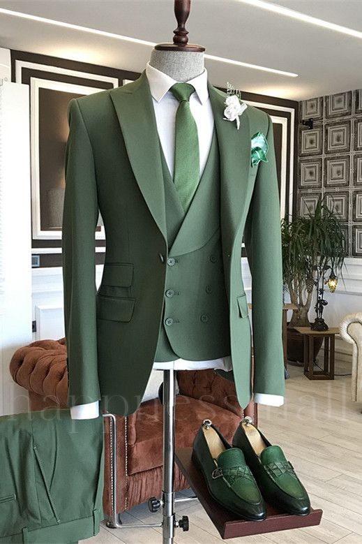 Ethan Smart Green Slim Fit Peaked Lapel Three Piece Men's Suits