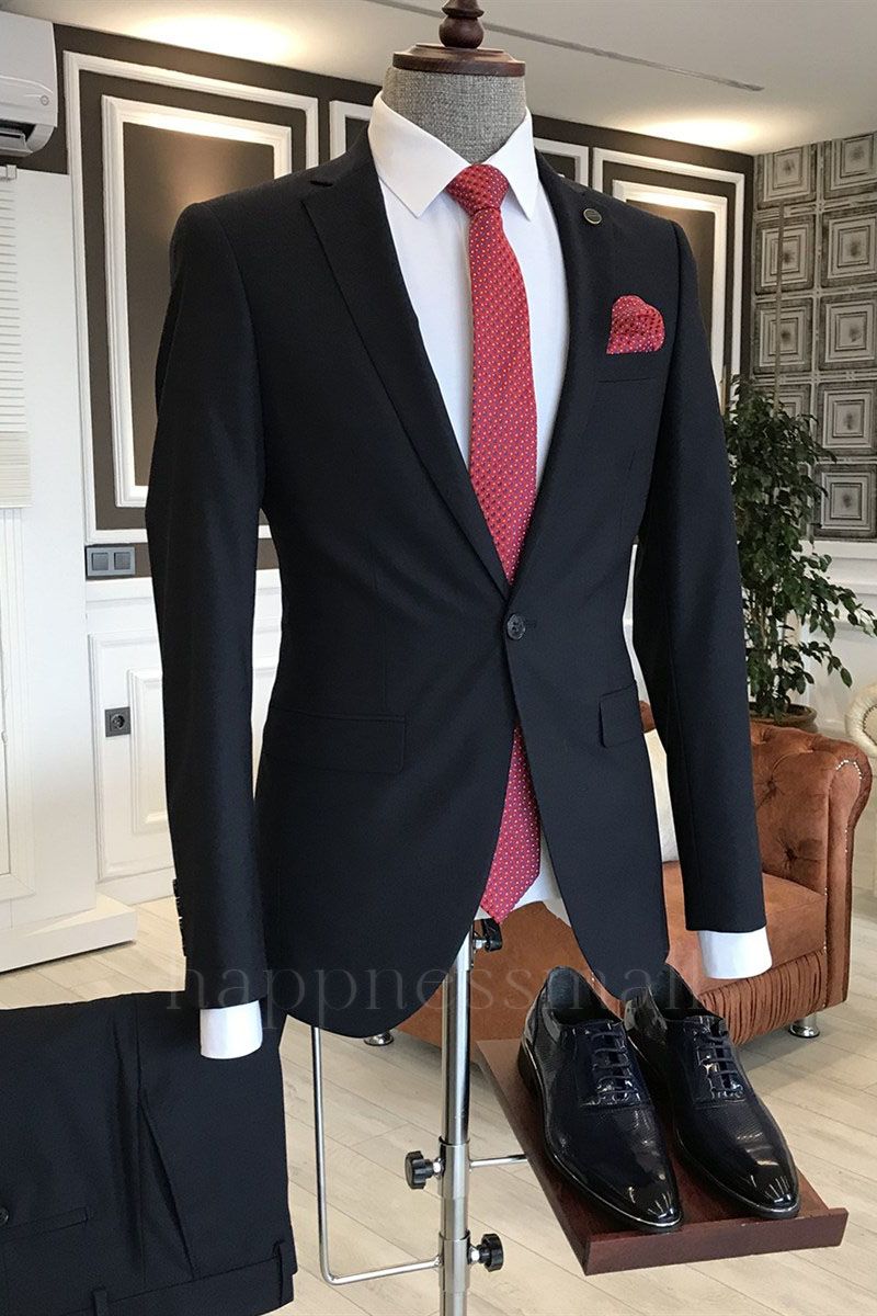 Ronin Black Notched lapel 2 Flaps Slim Fit One Button Formal Menswear