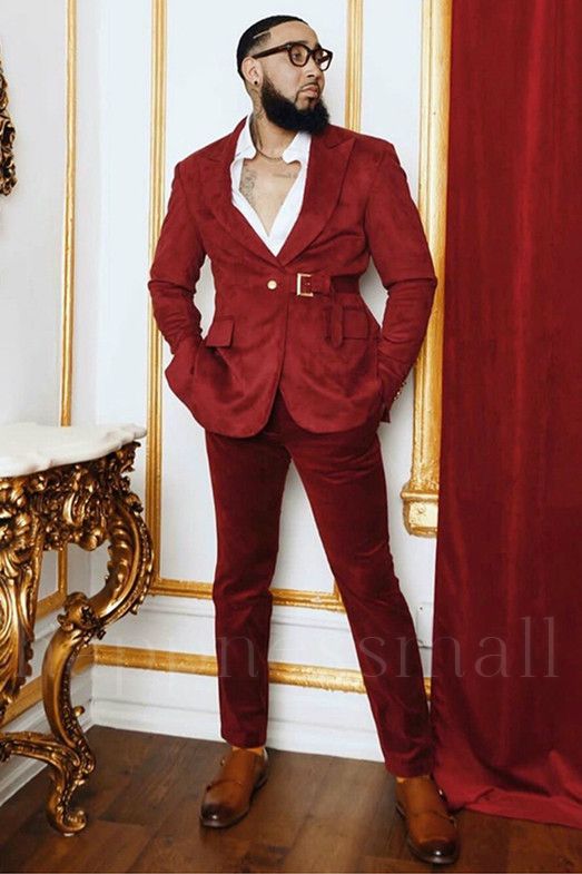 Dimitris Popular Red Velvet Peaked Lapel Prom Men Suits