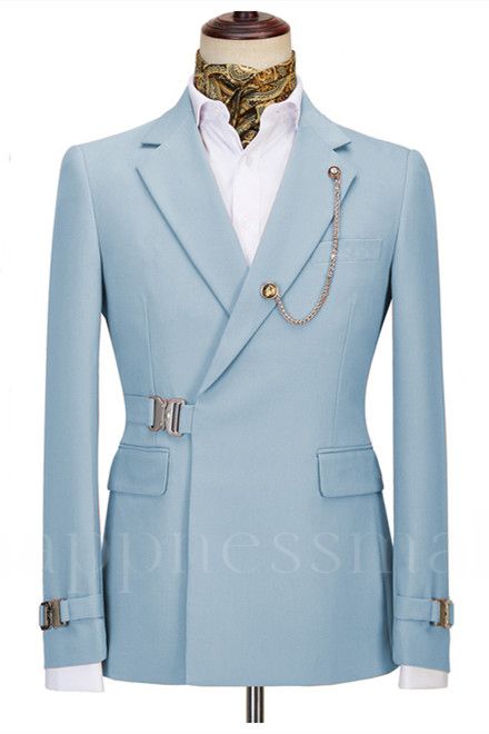 PopularSky Blue Notched Lapel Two Pieces Business Men Suits with Buckle