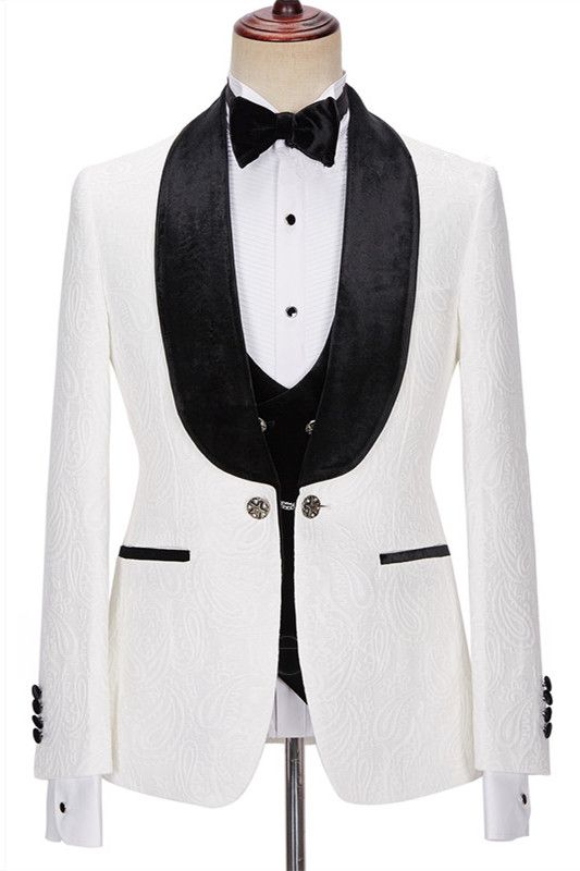 Evelyn New Fashion White Jacquard Three Pieces Wedding Men Suits with Velvet Lapel
