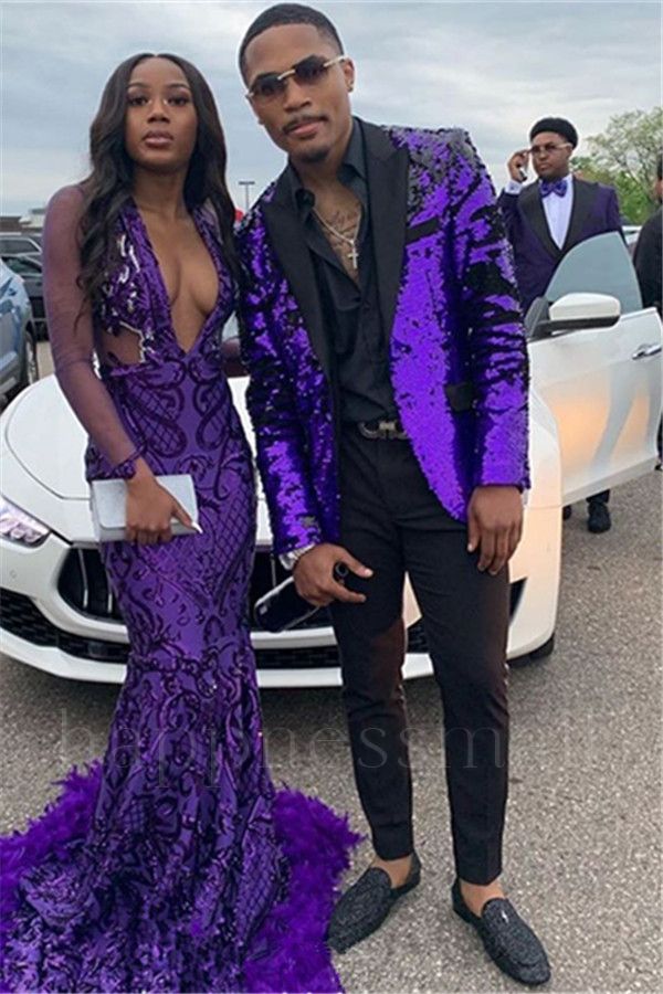 Ambrose Popular Purple Sequined Two Piece Slim Fit Prom Men Suits