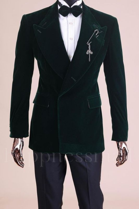 Eleni Stylish Dark Green Velvet Peaked Lapel Two Pieces Prom Suits