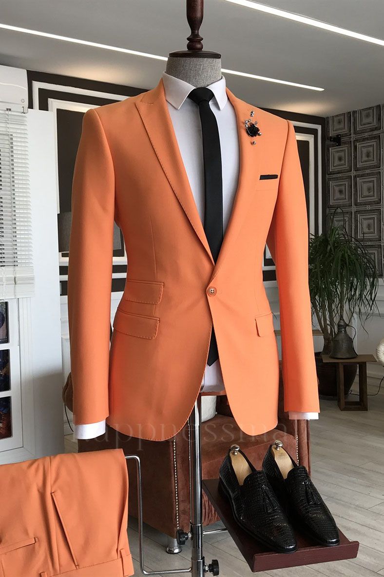 New Arrival Orange Peaked Lapel 3 Flaps Slim Fit Prom Men Suits | happnessmall