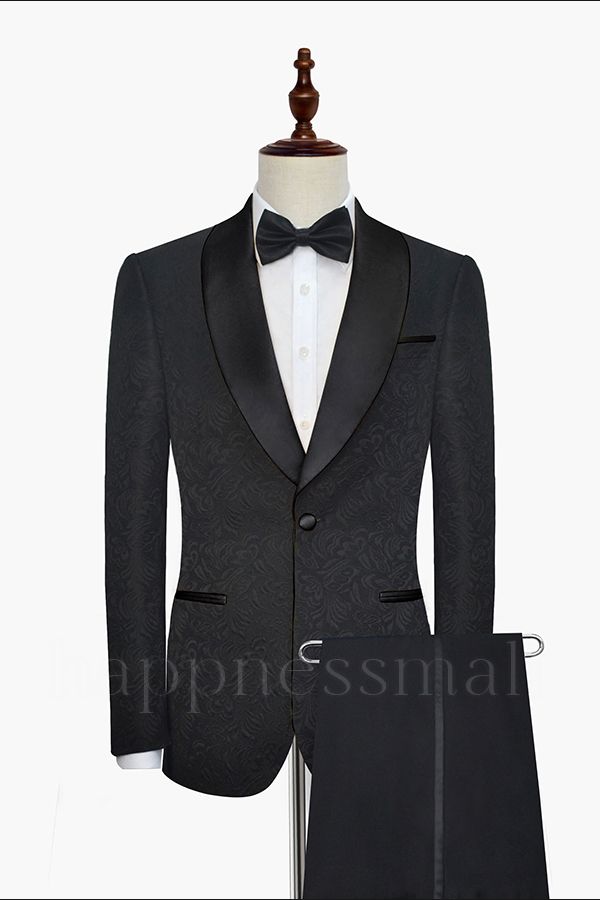 Thaddeus Classic Black Jacquard Wedding Tuxedo for Men |  One Button Wedding Suits With Silk Shawl Lapel
