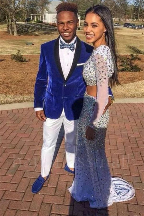 Peregrine Royal Blue Velvet Best Mens Prom Suits With Black Shawl Lapel