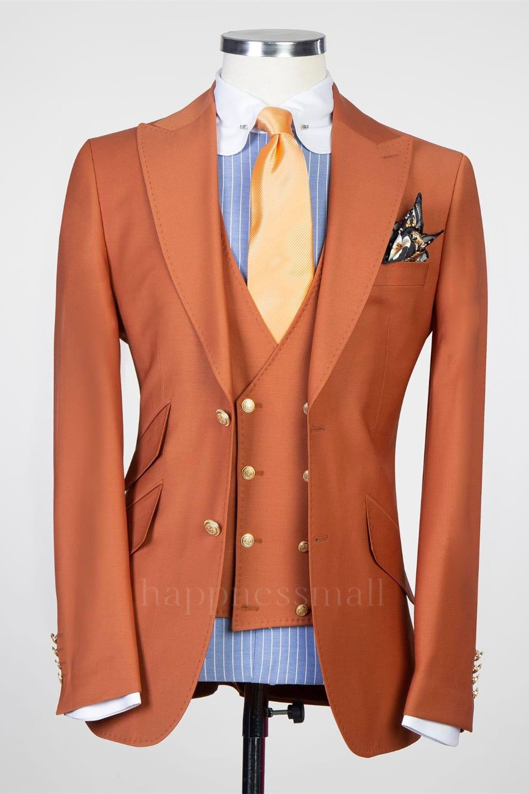 Gentle Orange Peaked Lapel Close Fitting Prom Men Suits
