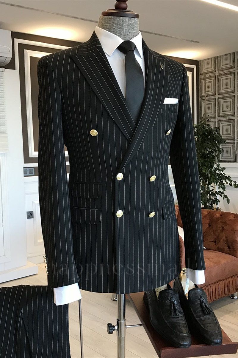 Kostas Popular Black Striped Double Breasted Peaked Lapel Business Suits For Men