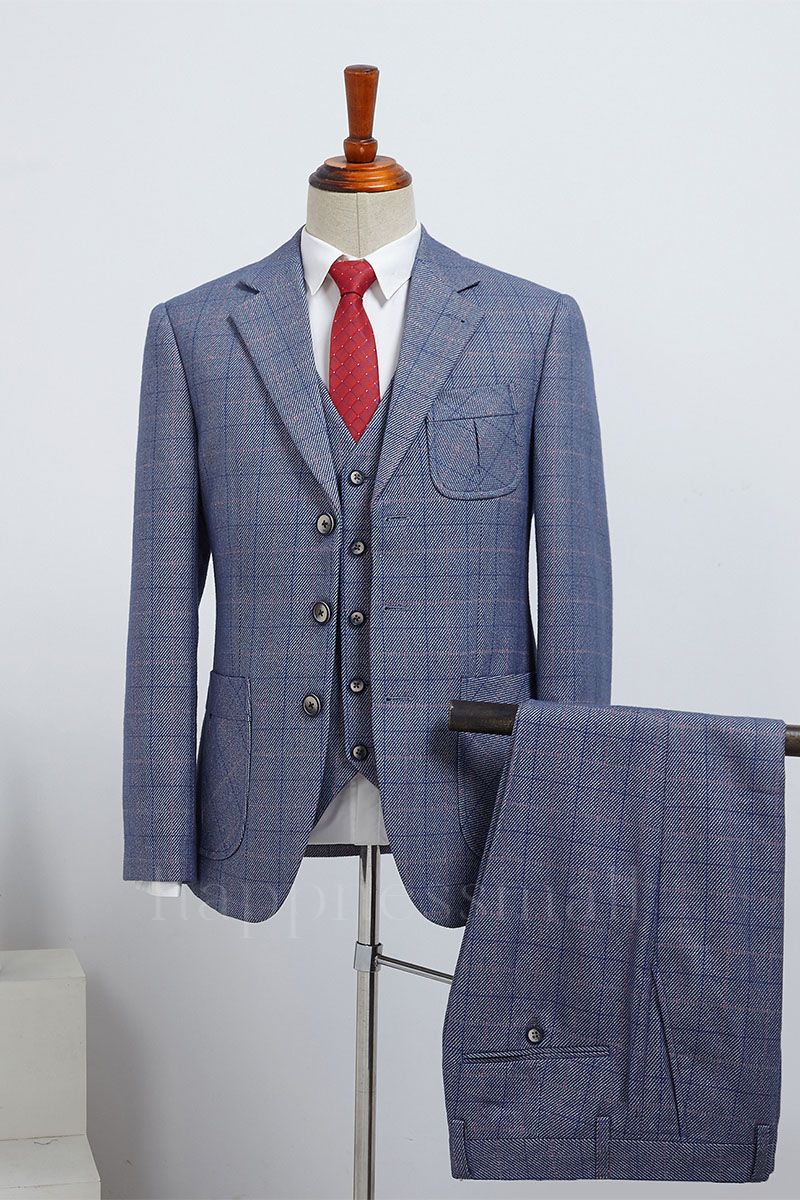Rachel Popular Dark Gray Plaid 3 Pieces Notched Lapel Formal Menswear