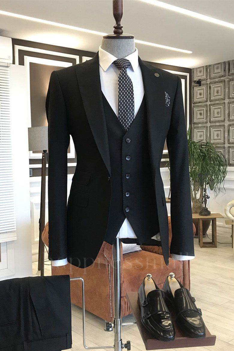 Michael Simple And Stylish All Black One Button Business Slim Fit Suits For Men