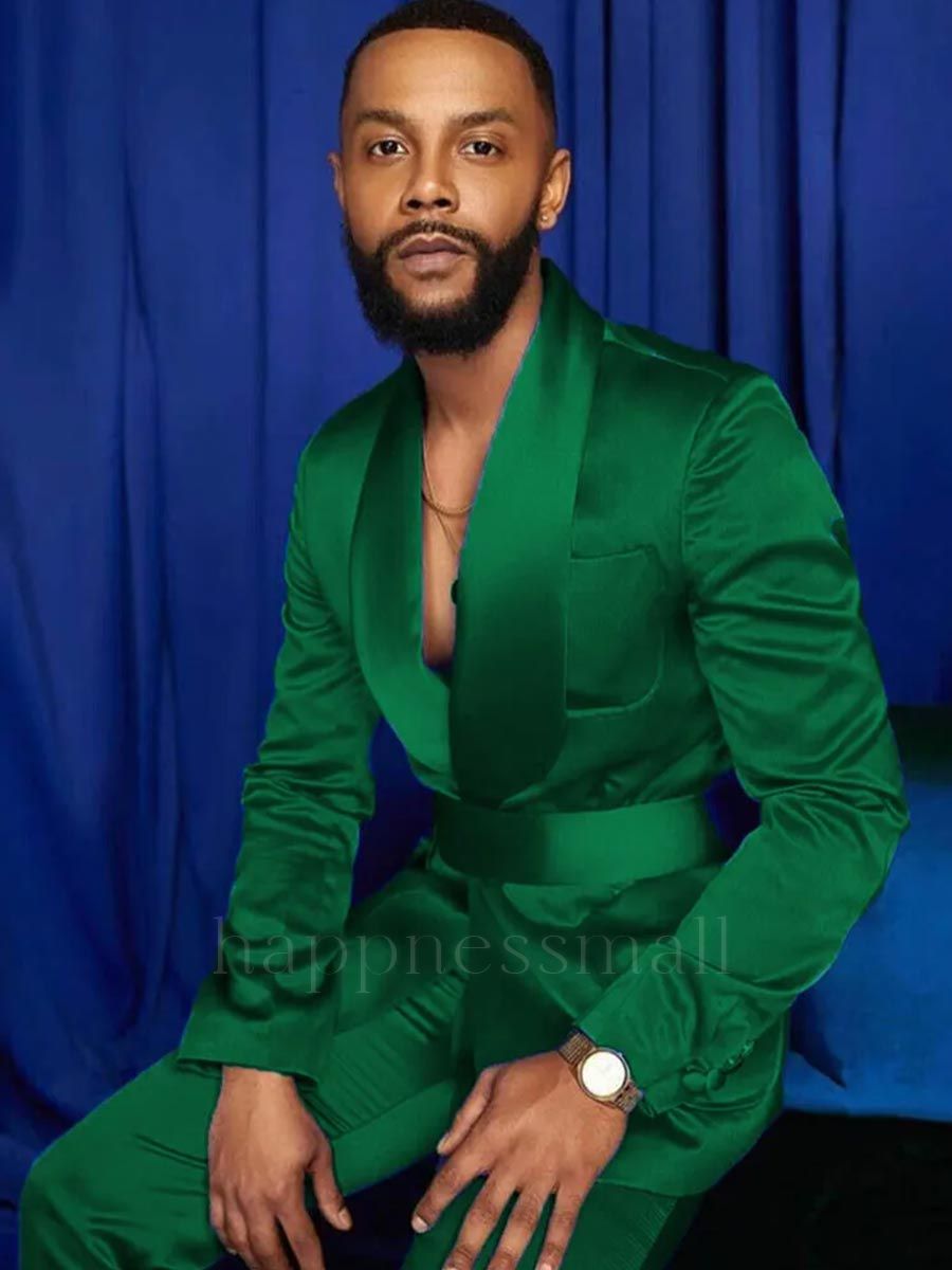 Happnessmall Fashion Green Silk Shawl Lapel 2 Piece Men's Suit With Belt