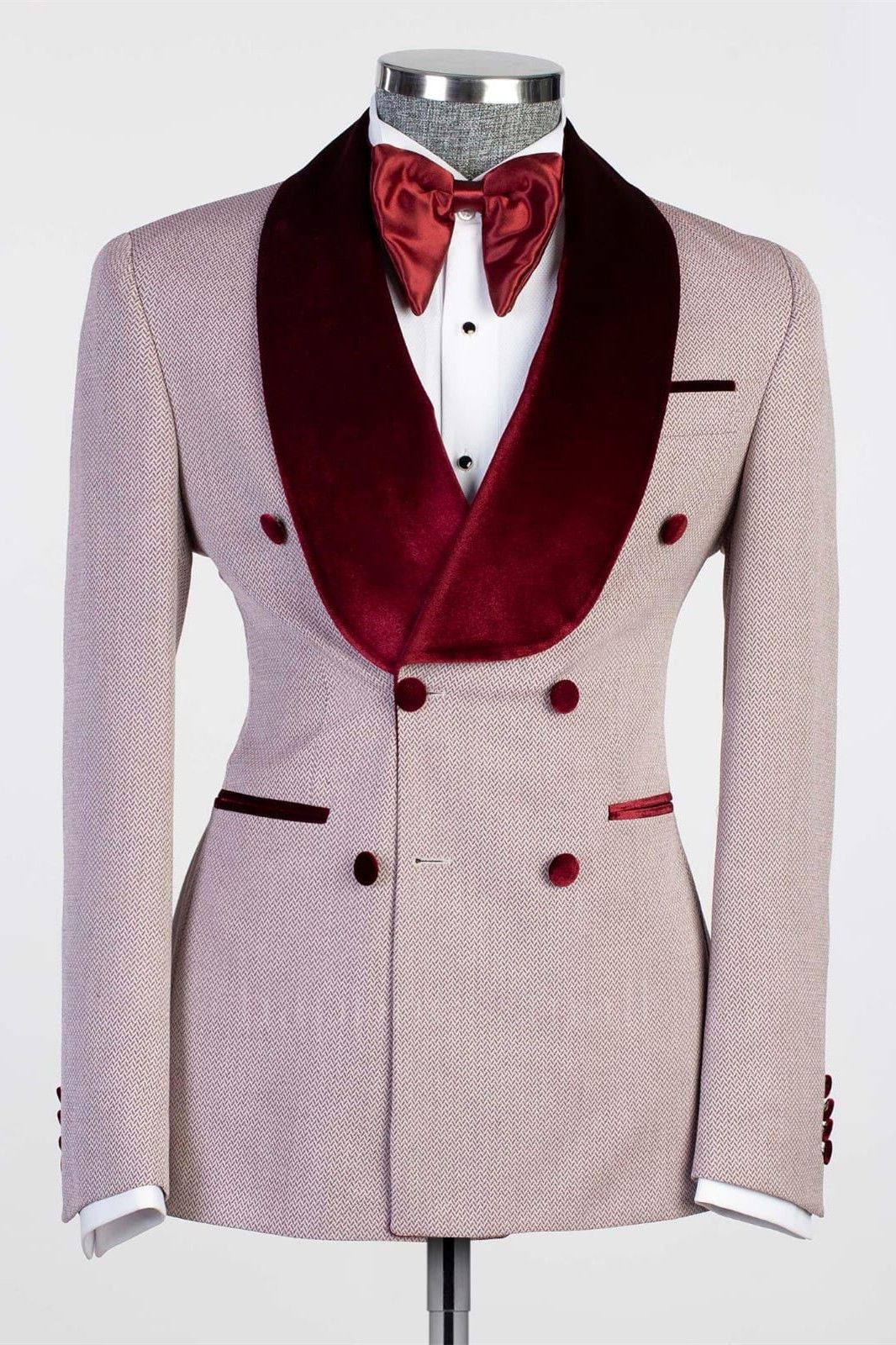 Fashion Double Breasted Fashion Prom Suits With Burgundy Shawl Lapel