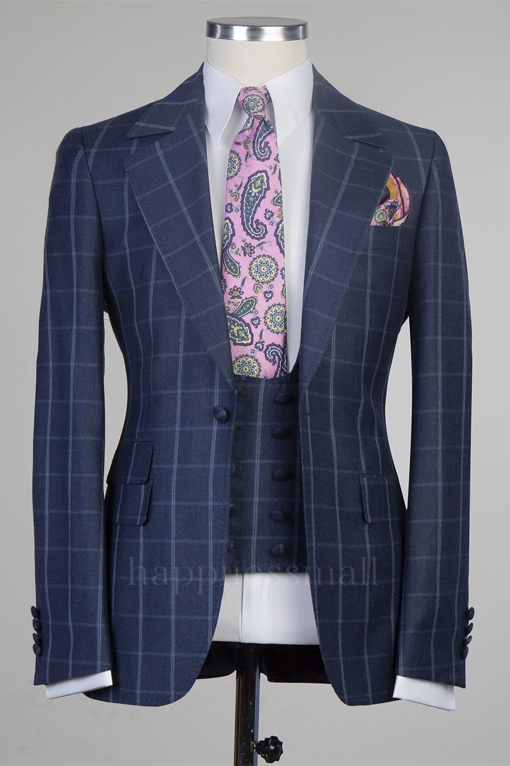 Ryker Handsome Navy Plaid Slim Fit High Quality Men Suit For Business