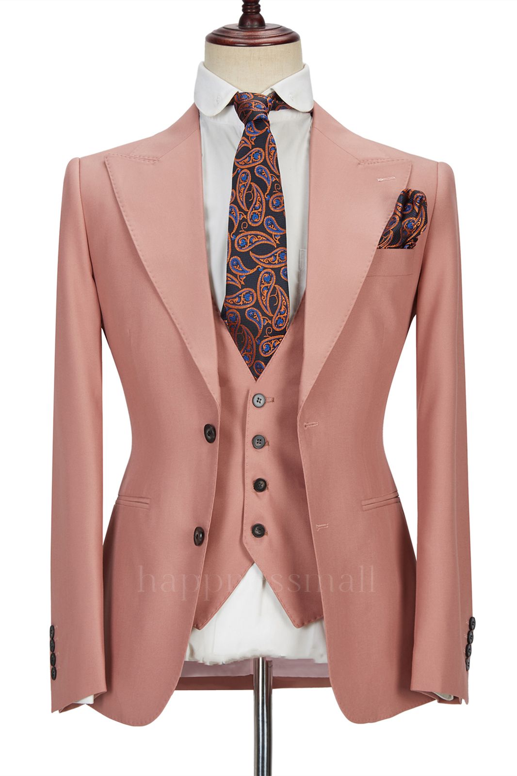 Unique 3 Piece Coral Pink Two Buttons Peak Lapel Stylish Men's Suit