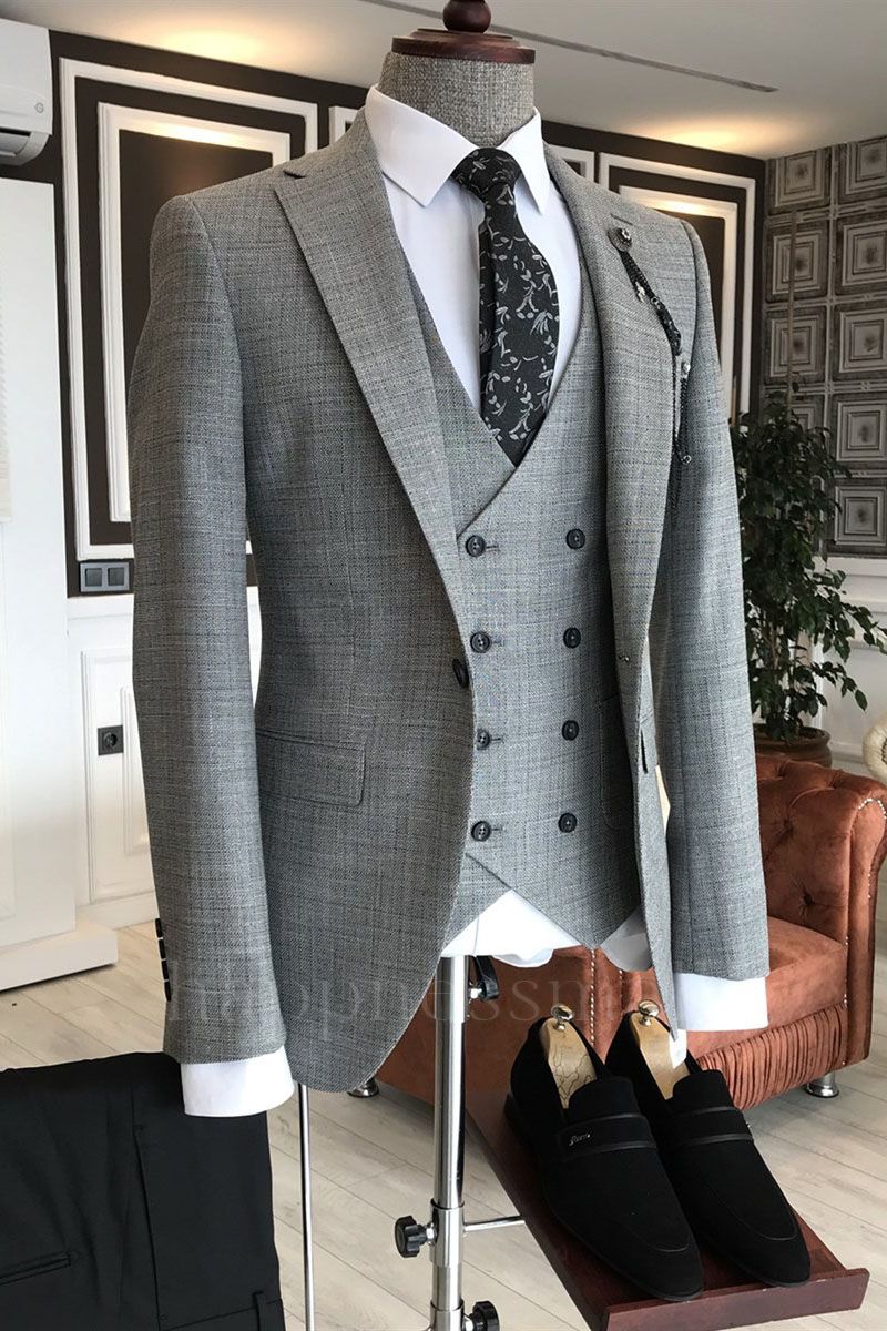Theodora Regular Gray Plaid 3-Pieces Notched Lapel One Button Men Suits