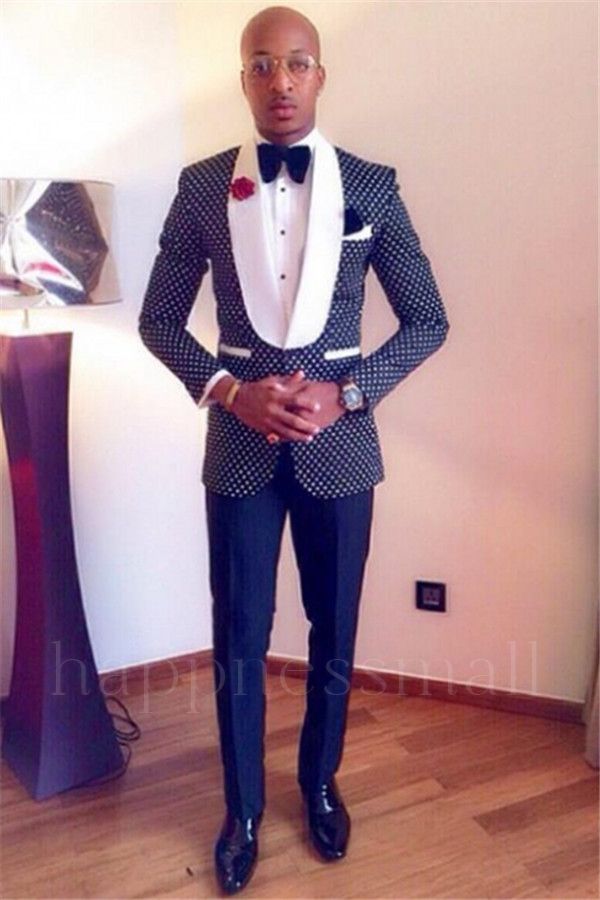 Phoenix Navy Blue Polka Dot One Button Shawl Lapel Wedding Groom Suit