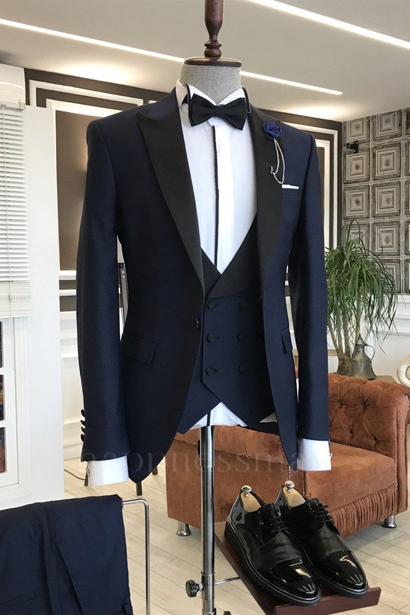 Dimitris Popular Dark Blue Men'S Business Suit With Black Peaked Lapel