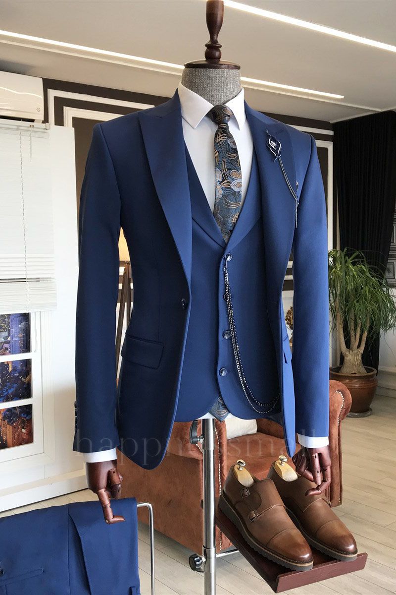 Knox Stylish Royal Blue Three-Pieces Peaked Lapel Slim Fit Men Suits For Business
