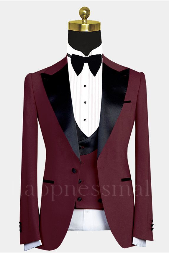 New Burgundy Slim Fit Ball Men's Suit | Black Lapel One Button Men's Suit