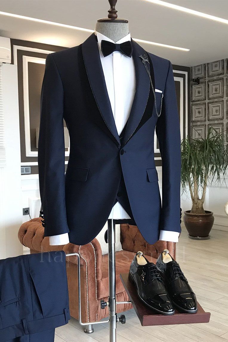 Petros Trendy Navy Blue Shawl Lapel With One Button Wedding Suit