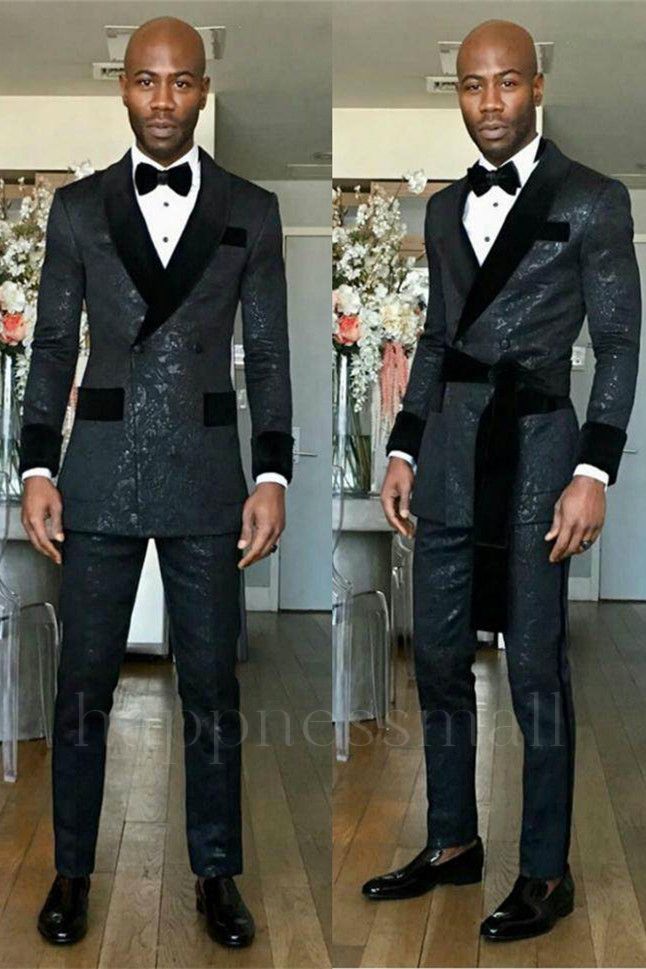 Charlotte Black Double Breasted Slim Fit Wedding Groom Suits With Shawl Lapel