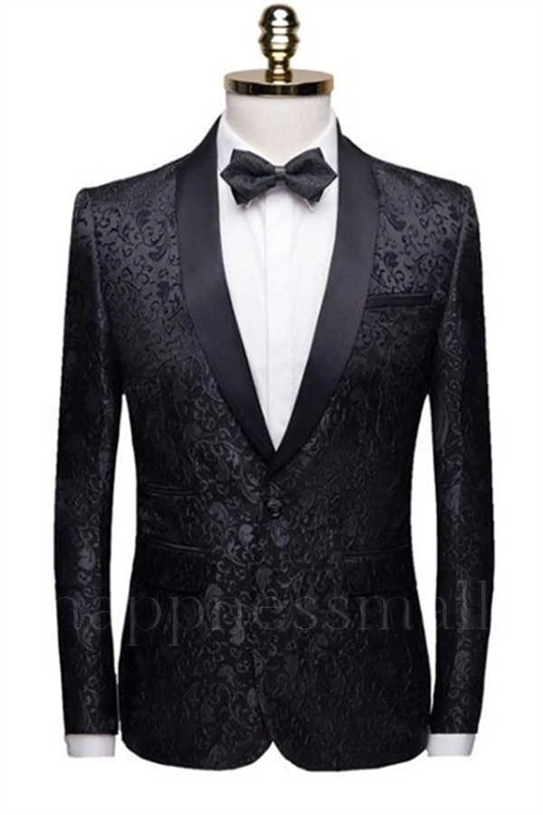 Black shawl lapel men's jacquard set | Unique slim fit groom two-piece set