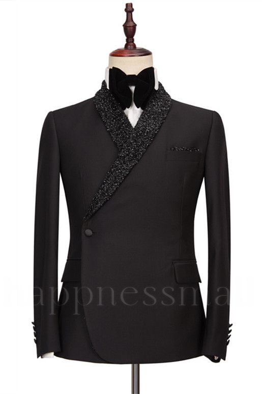 Latest Design Shawl Lapel Black One Button Wedding Suits