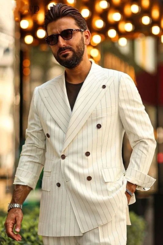 Kyle Stylish White Double Breasted Striped Men Suits With Peaked Lapel