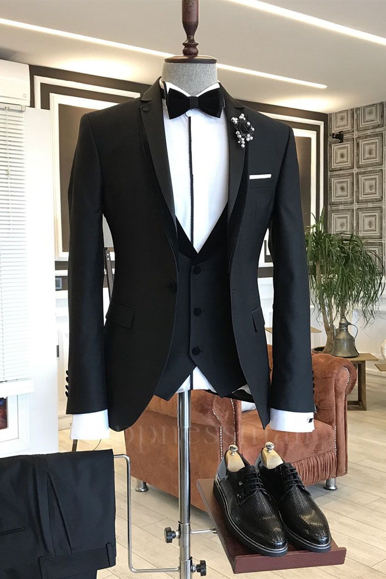 Antonia Elegant Black Notched Lapel 3-pieces Business Men Suits