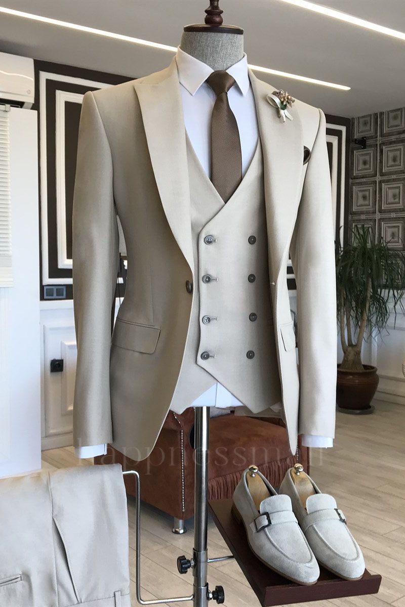 Popular Light Khaki  Peaked Lapel Formal Three Pieces Business Men Suits | Happnessmall