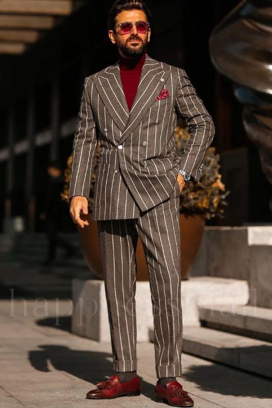 Julian Handsome Gray Striped Peaked Lapel Double Breasted Men Suits