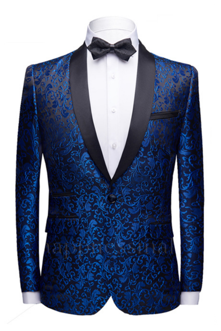 Royal Blue Jacquard Prom Suits & Black Satin Shawl Lapel  Wedding Tuxedos