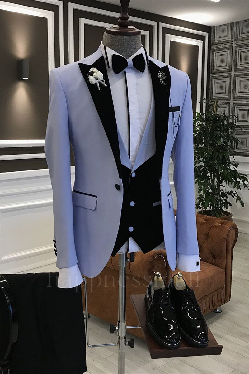 Fashion Purple 3-Pieces Black Peaked Lapel Slim Fit Prom Men Suits