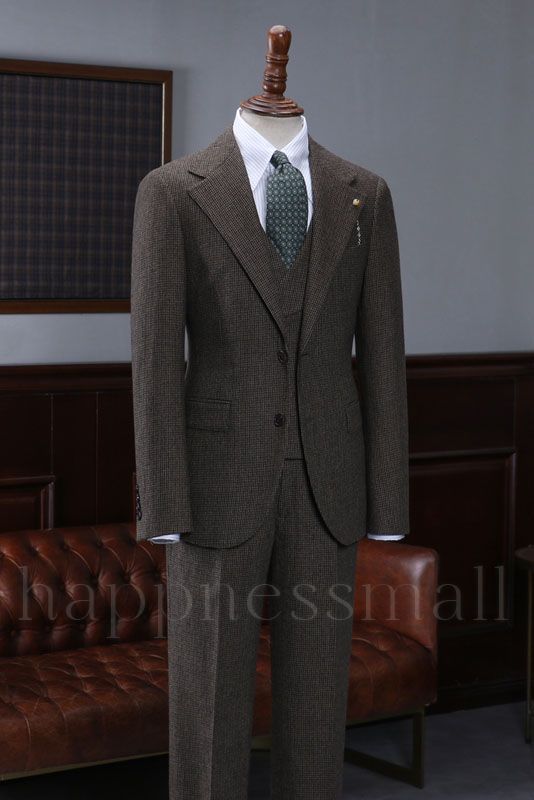 Myla Classical Coffee Small Plaid 3 Pieces Business Suit For Men