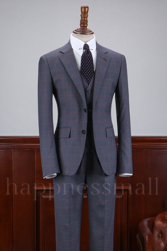 Angelina Fashion Dark Gray Plaid Notched Lapel 2 Button Business Suit