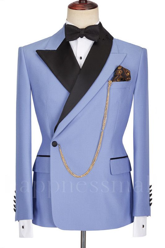 Chic Blue Peaked Lapel Slim Fit Bespoke Men Suits With One Side Button